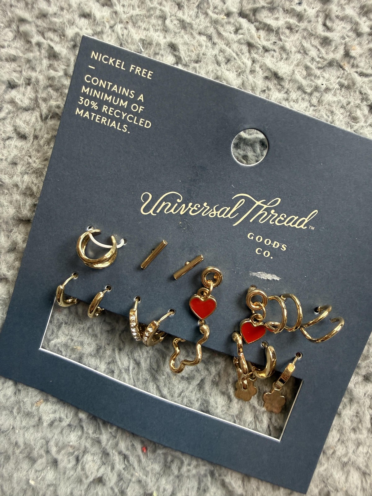 Universal Thread Earrings Gold Tone Heart Hoop Huggie Stud Nickel Free 8 Pair