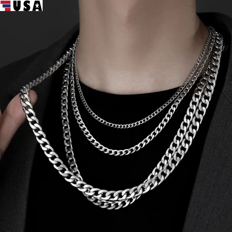 Stainless Steel Cuban Link Chain Necklace Men Chunky Curb Silver Tone Jewelry US