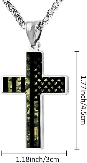American Flag Patriotic Cross Pendant Necklace Christian Religious Men&women24in