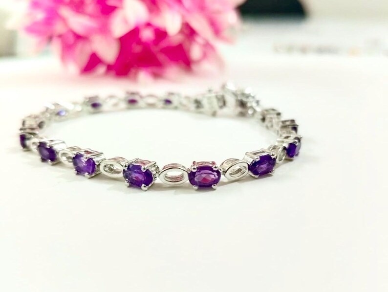 Amethyst Tennis Bracelet, 925 Sterling Silver, Natural Oval Gemstone Jewelry
