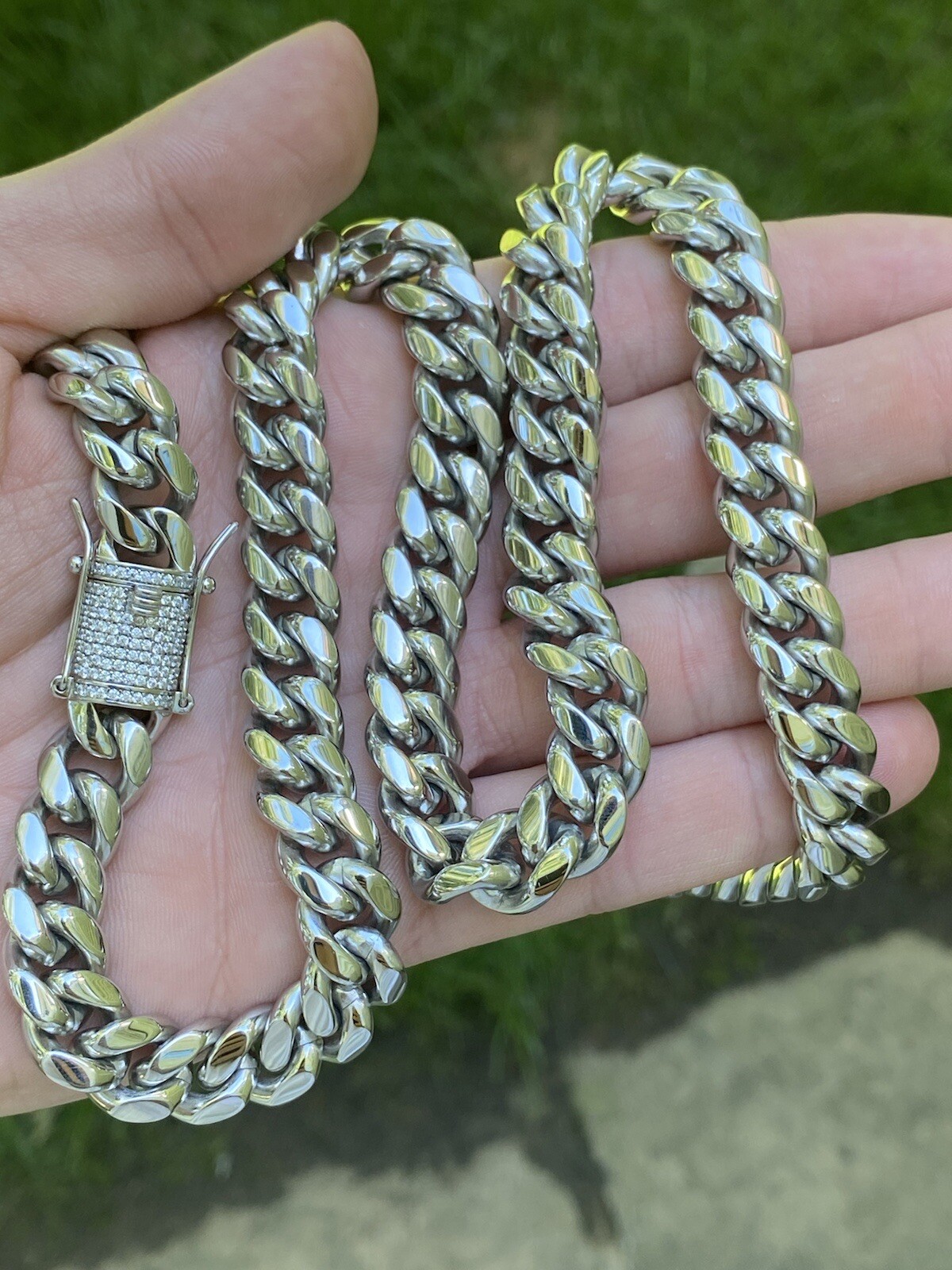 Miami Cuban Chain 14k White Gold Plated SS Mens HipHop Iced CZ Clasp Necklace