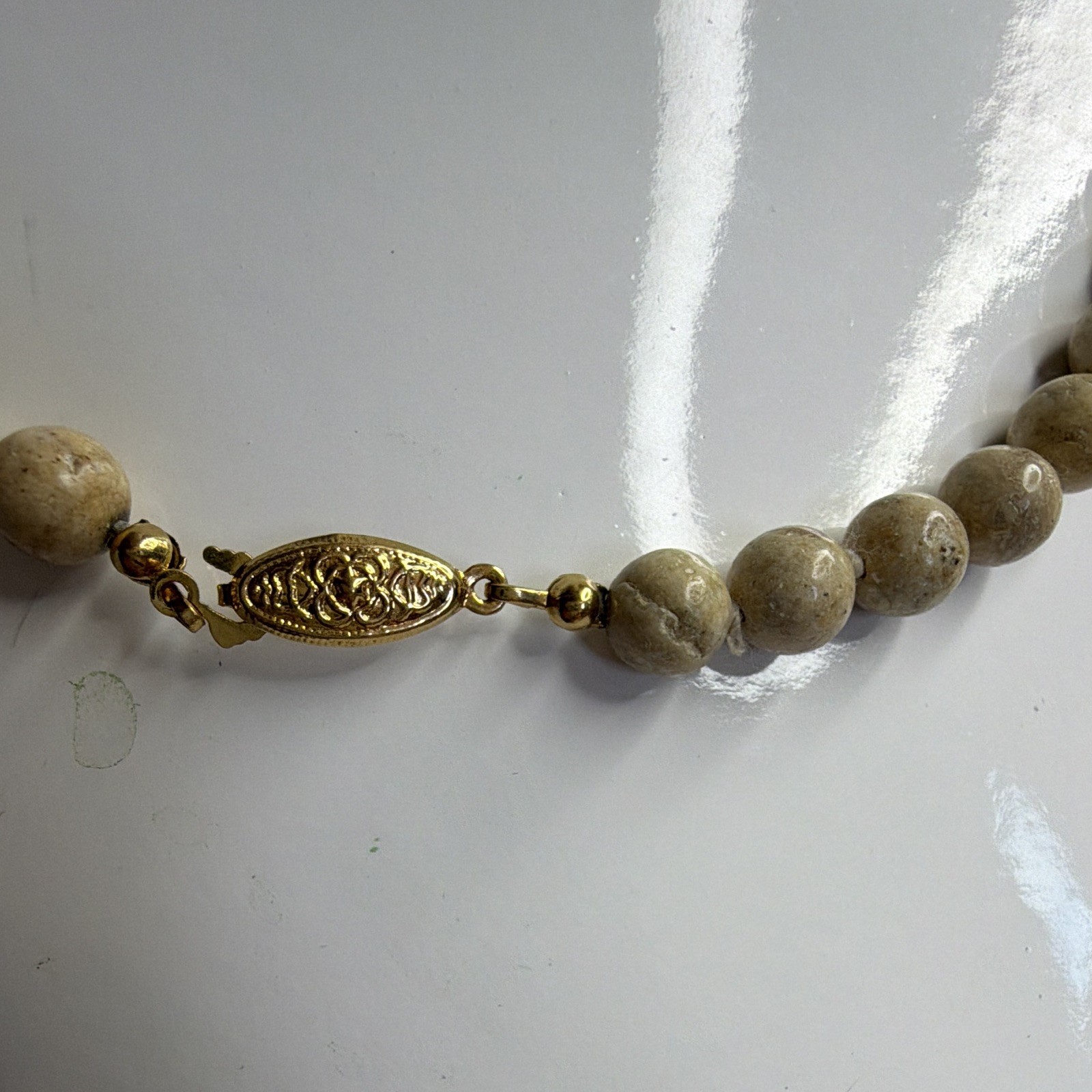 Riverstone Semi Precious Stone Bead Necklace Beige Tan Round Natural Stone 18”
