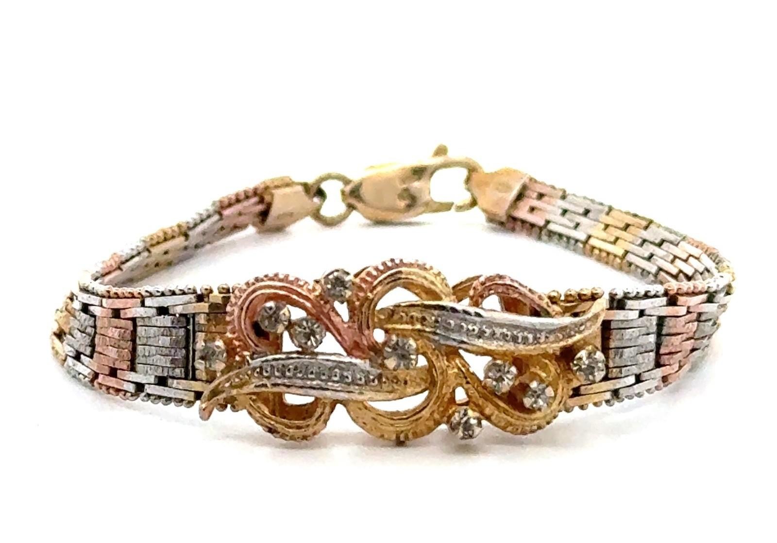 8” 925 Sterling Silver Tri Color Gold Plate CZ Riccio Bracelet, 16.8g