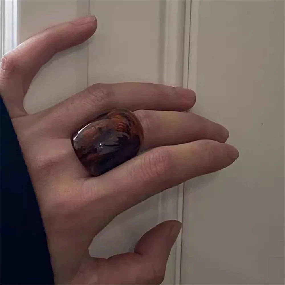 Resin Amber Geometric Wide Ring Women Classic Chunky Statement Party Jewelry