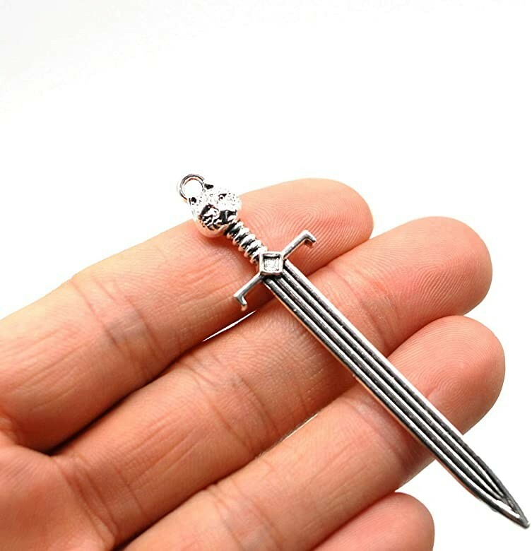 Large Sword Pendant Antiqued Silver Medieval Finding 2 Sided Focal 2.75″
