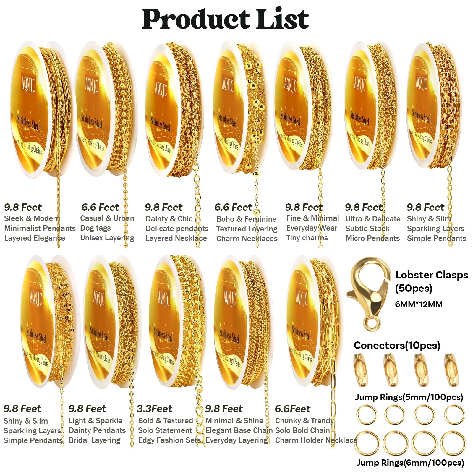Gold Chain for Jewelry Making, 98 Feet 12 Rolls Jewelry Chains with Gold Charms