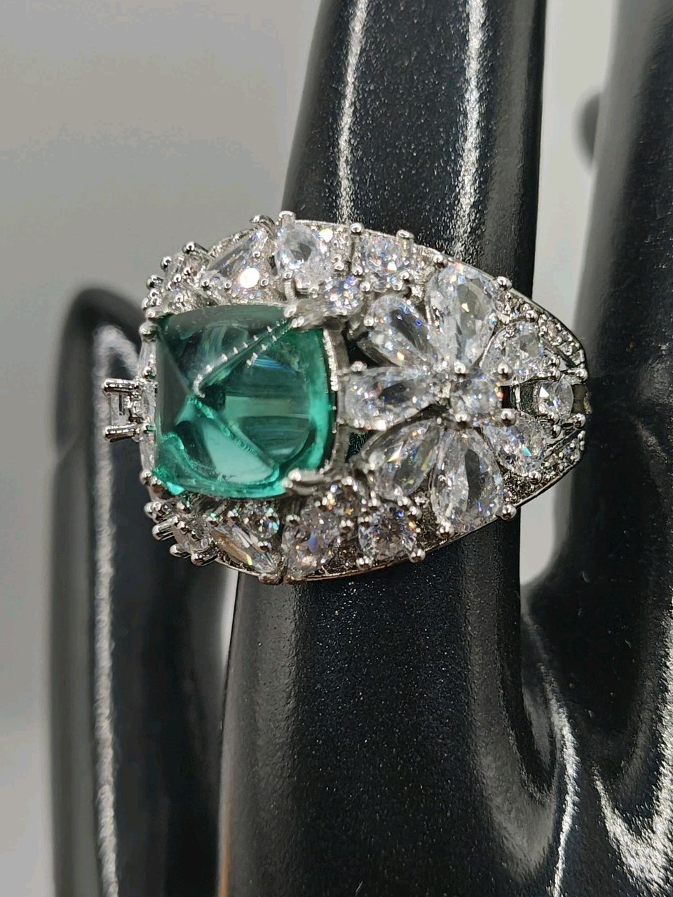 Simulated Green Paraiba Tourmaline Flower Pear Cubic Zirconia Ring Size 10.5