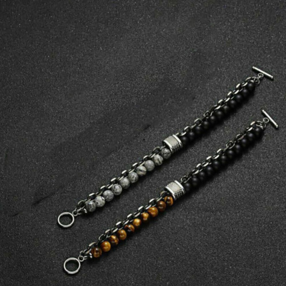 Mens Tiger Eye Beaded Bracelet Stainless Steel Natural Stone Unisex Jewelry Gift