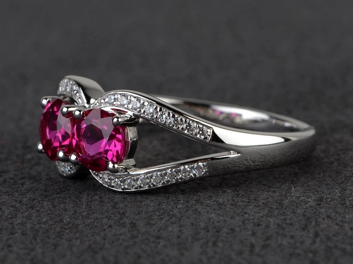 2CT Pink Round Ruby Lab Created 925 Silver Plated Statement Ring Duty Free