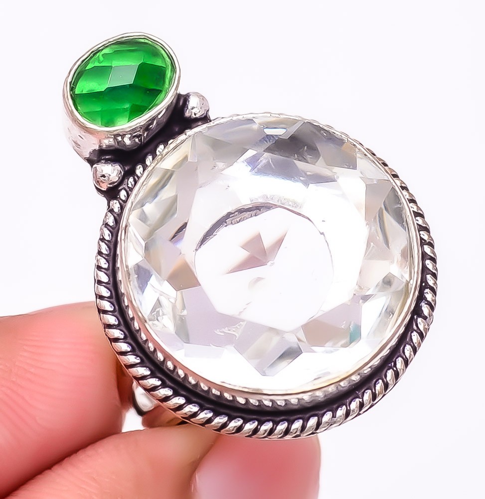 White Topaz & Tsavorite Gemstone 925 Silver Plated Ring s.7 F1876