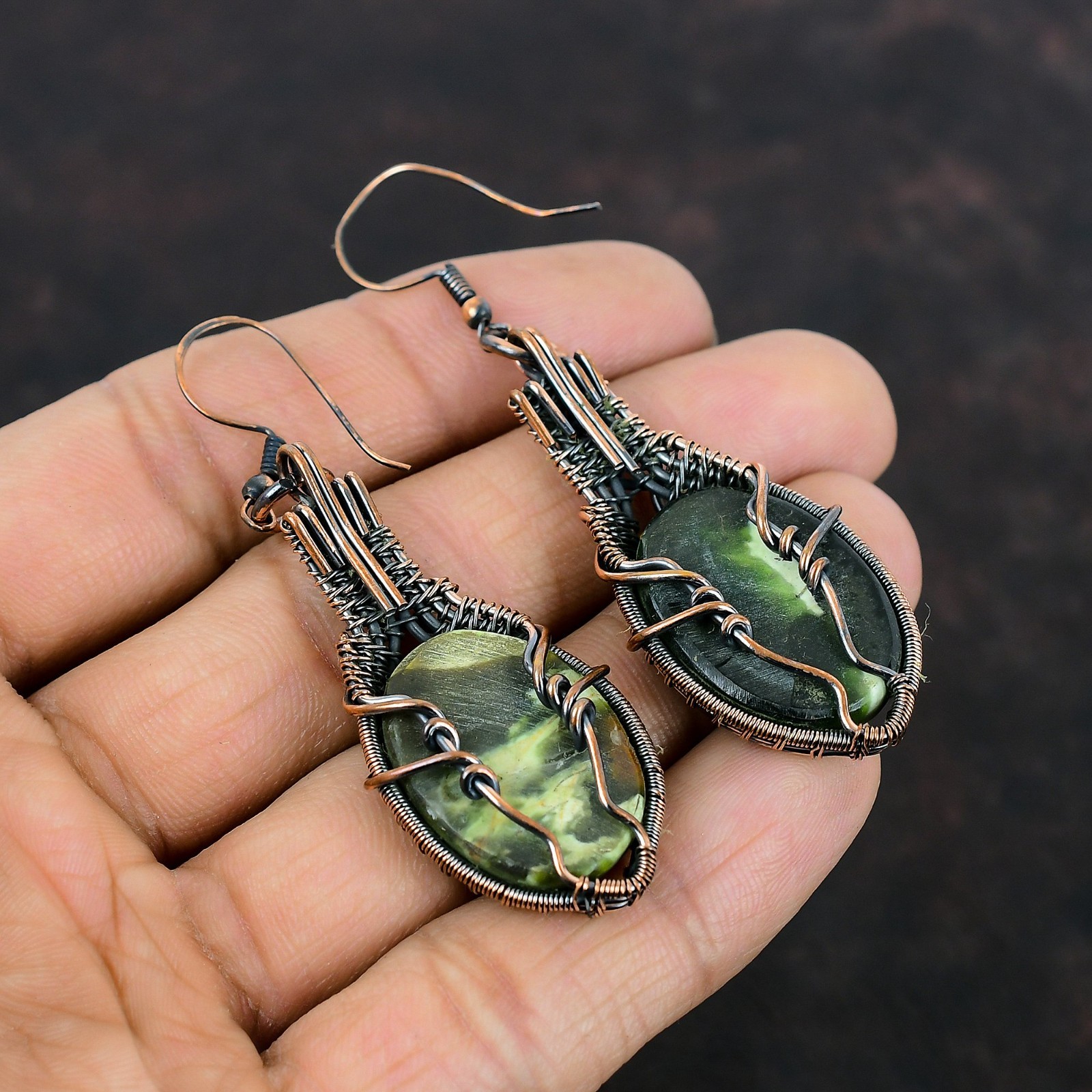 Copper Natural Australian Chrome Chalcedony Wire Wrapped Dangle Drop Earrings