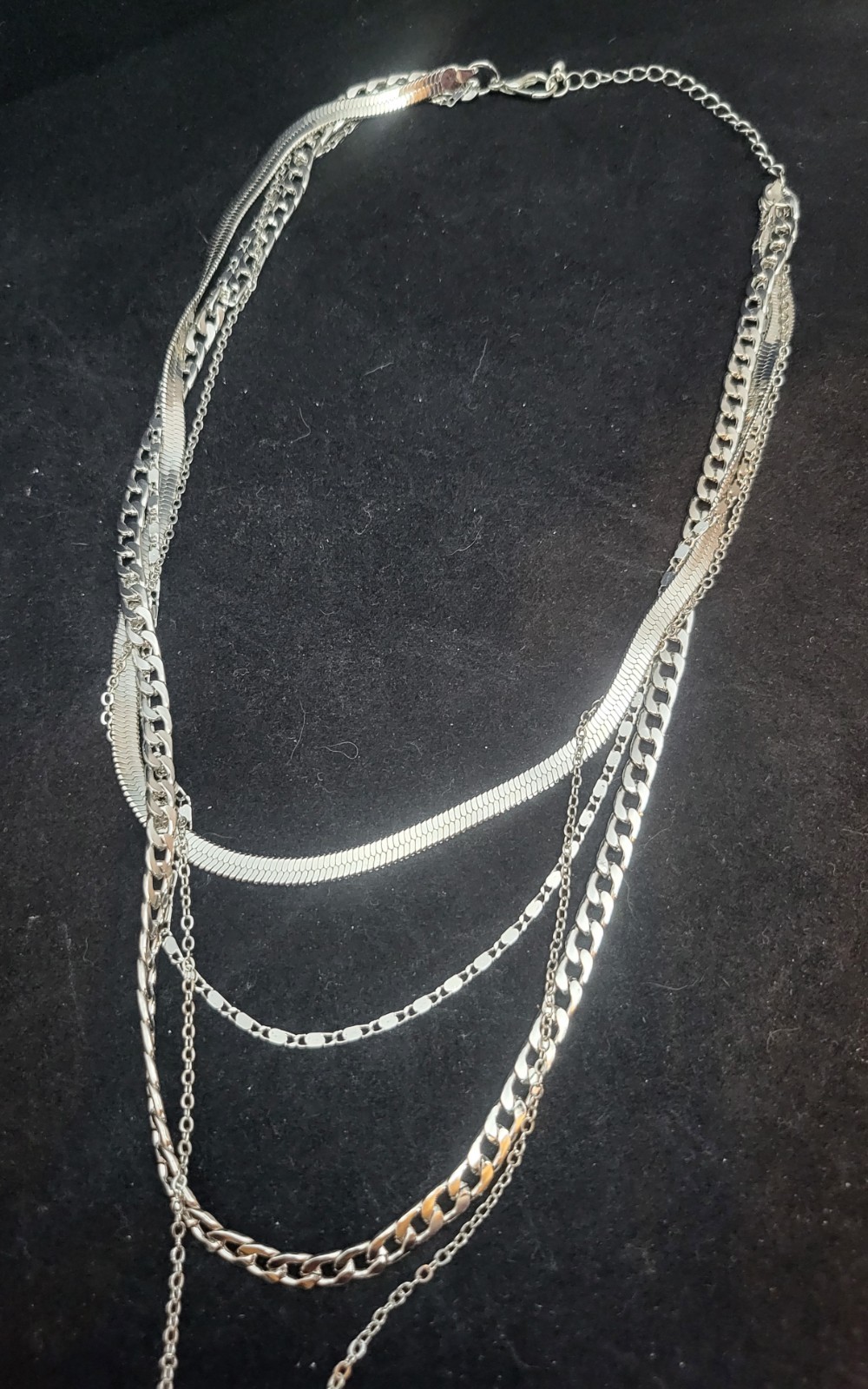 Silvertone Multi-Strand Layered Necklace w/Vertical Drop Pendant~18″-30″ L
