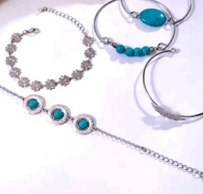 Turquoise Stone, Silver, Bangle Bracelet OR Anklet 5 Piece Set, Brand New! OSFM!