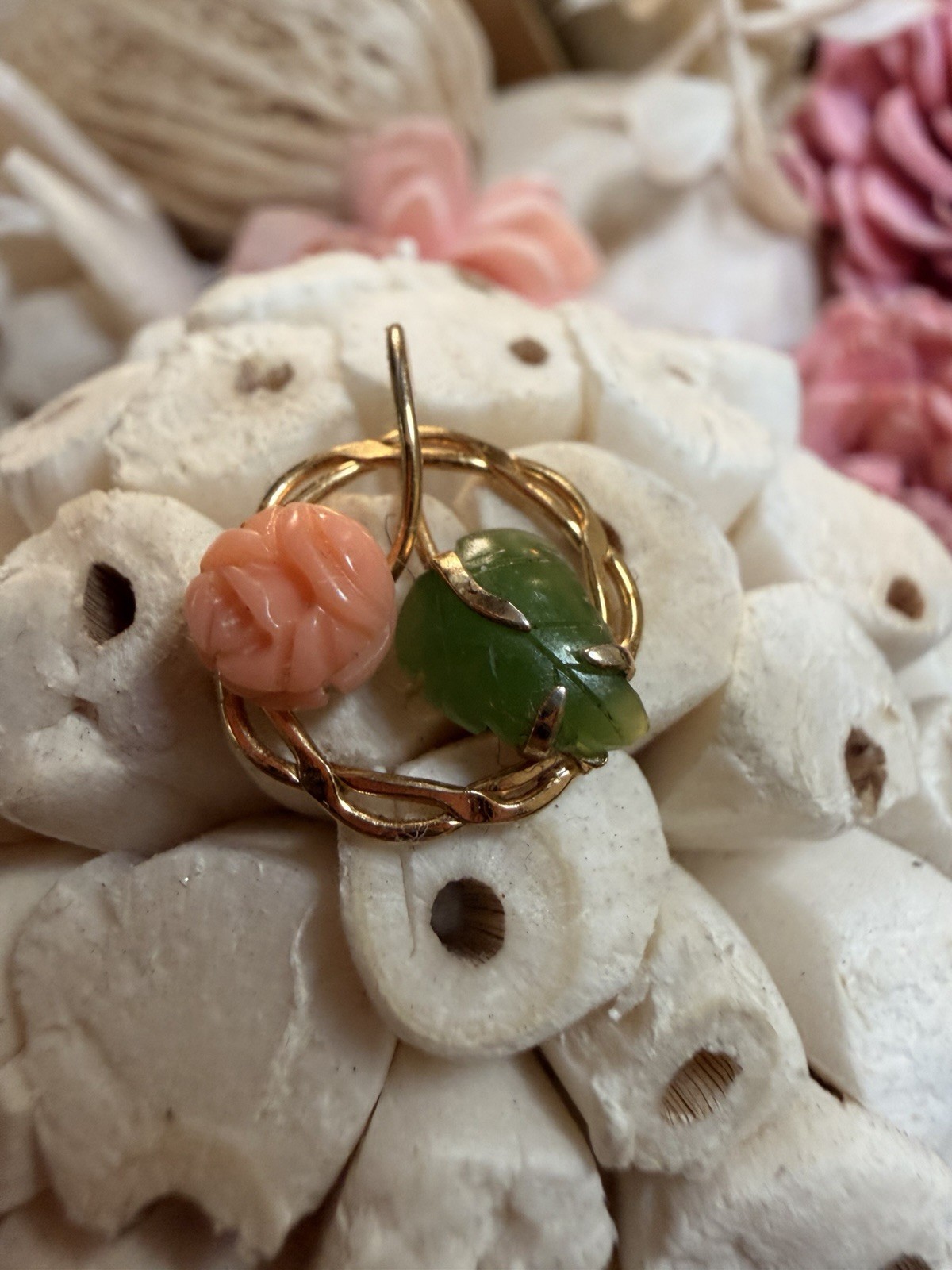 14k Floral pendant featuring a handcarved pink coral rose and a green jade leaf