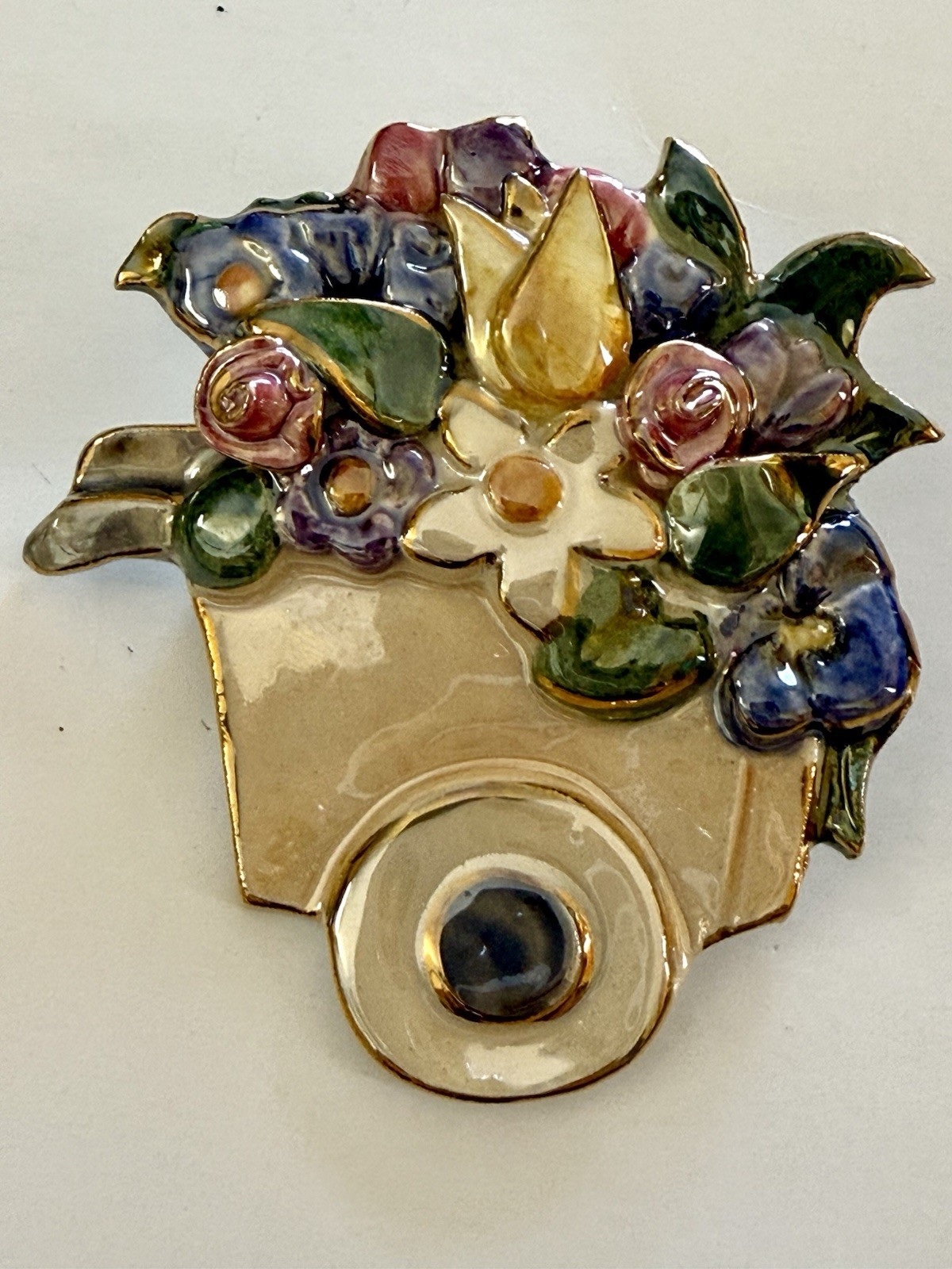 Ceramic Enamel Flower Wheelbarrow Brooch Pin Gold Embellished 3-D Effects 2.5”