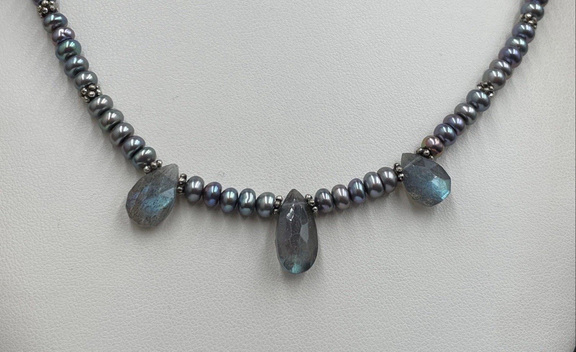 925 Sterling Silver Grey Pearl Labradorite Teardrop Necklace 17.25″ 17g Tested
