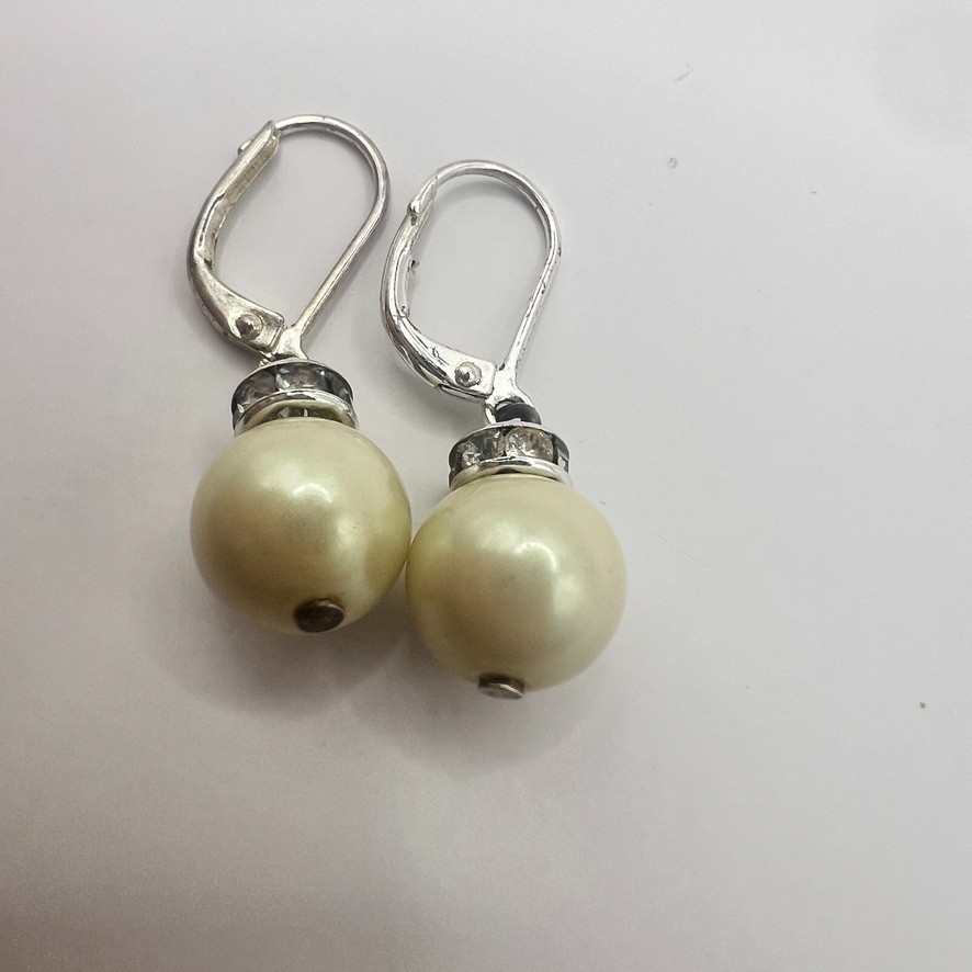 Elegant Pearl Drop Leverback Earrings Rhinestone Rondelles Accents Silver Bridal