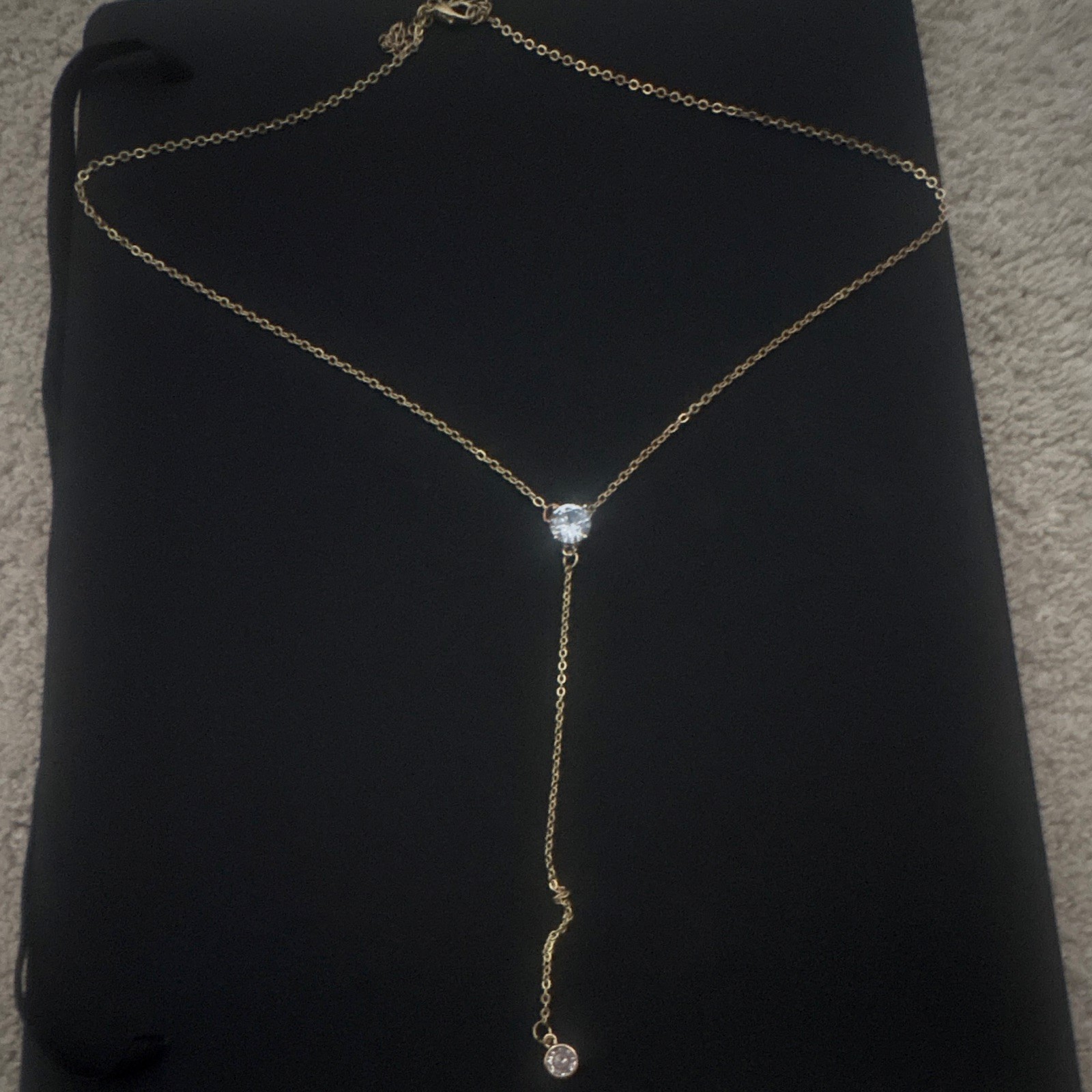 Gold Tone Y-Drop Lariat Necklace Clear Round Crystal Drop Pendant Lobster