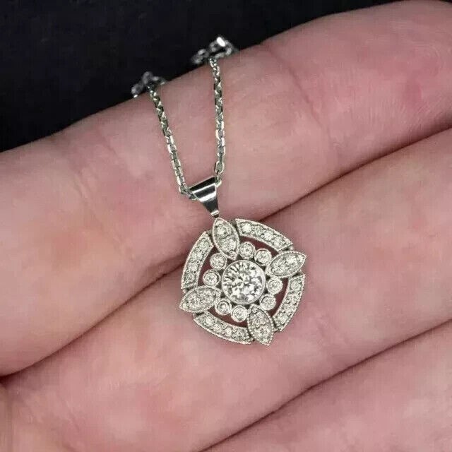 Round Simulated Diamond Women’s Stunning Fancy Pendant In 14k White Gold Plated