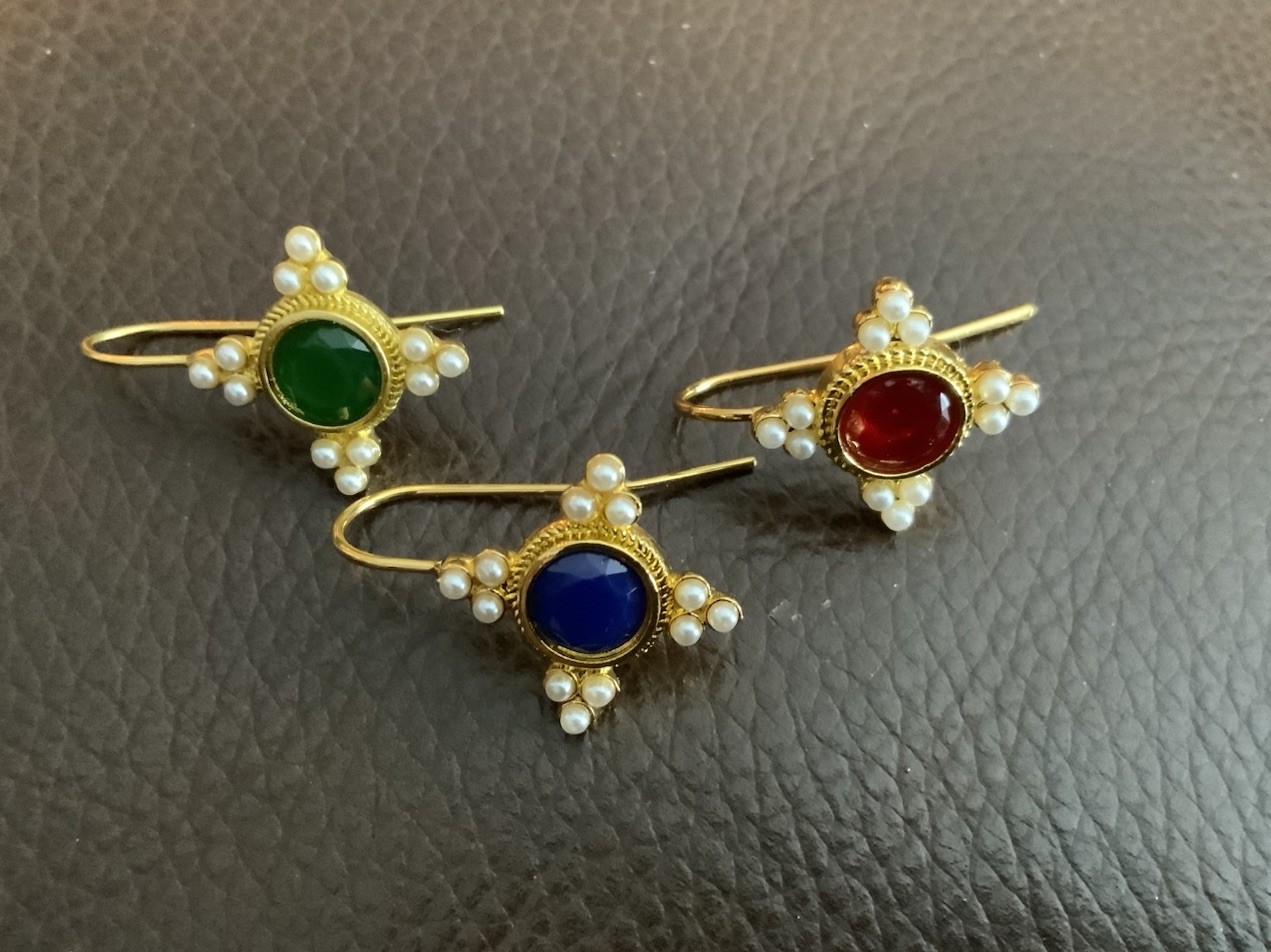 Museum Earrings Blue Pearl Red Green Mix Match Gold Flower Court VTG Floral VTG