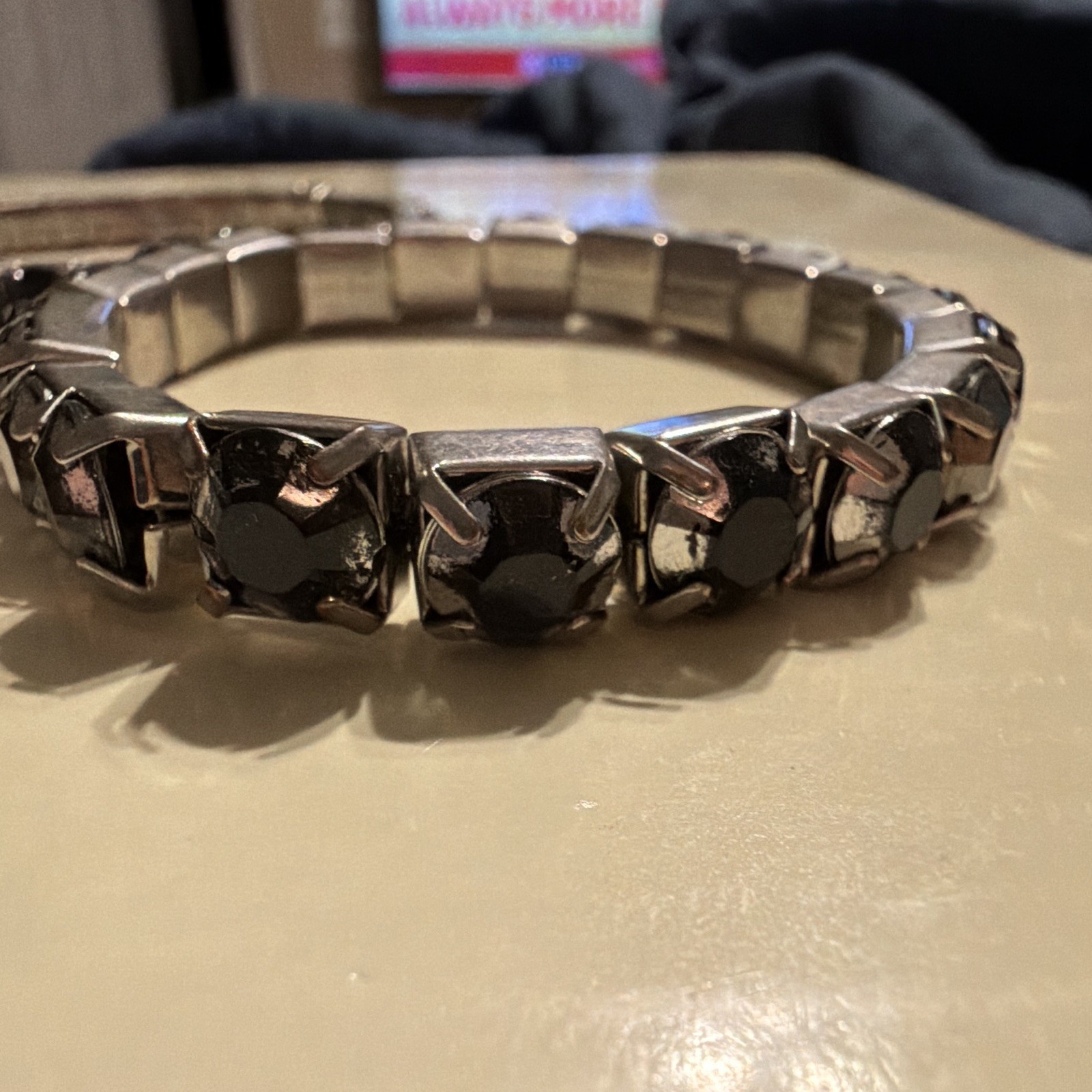 Silver Tone Stretch Tennis Bracelets Lot of 2 Black Round Rhinestones Prong Set