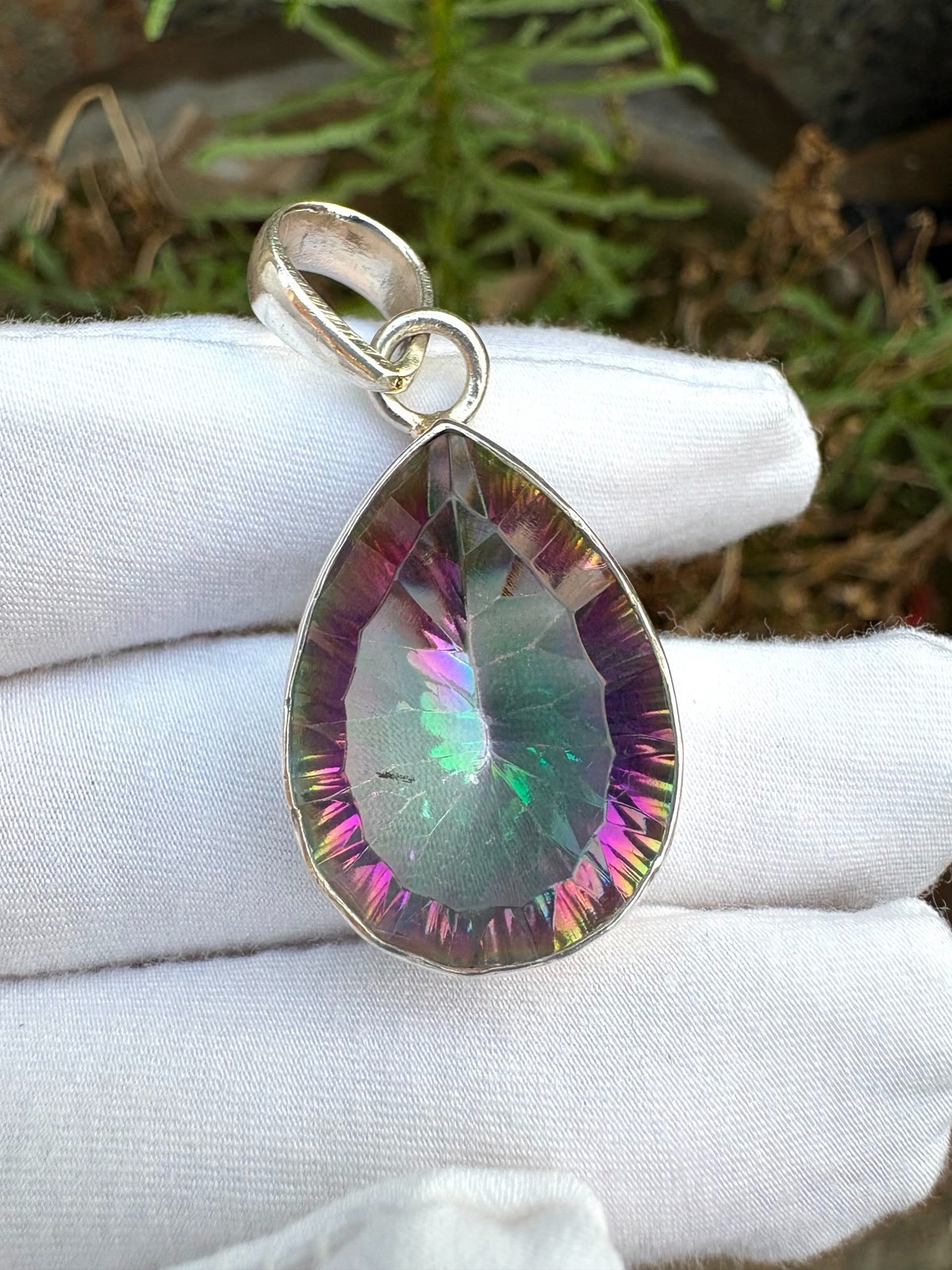 38.15Ct Mystic Quartz 925 Sterling Silver Pendant Pear Cut Rainbow Gemstone