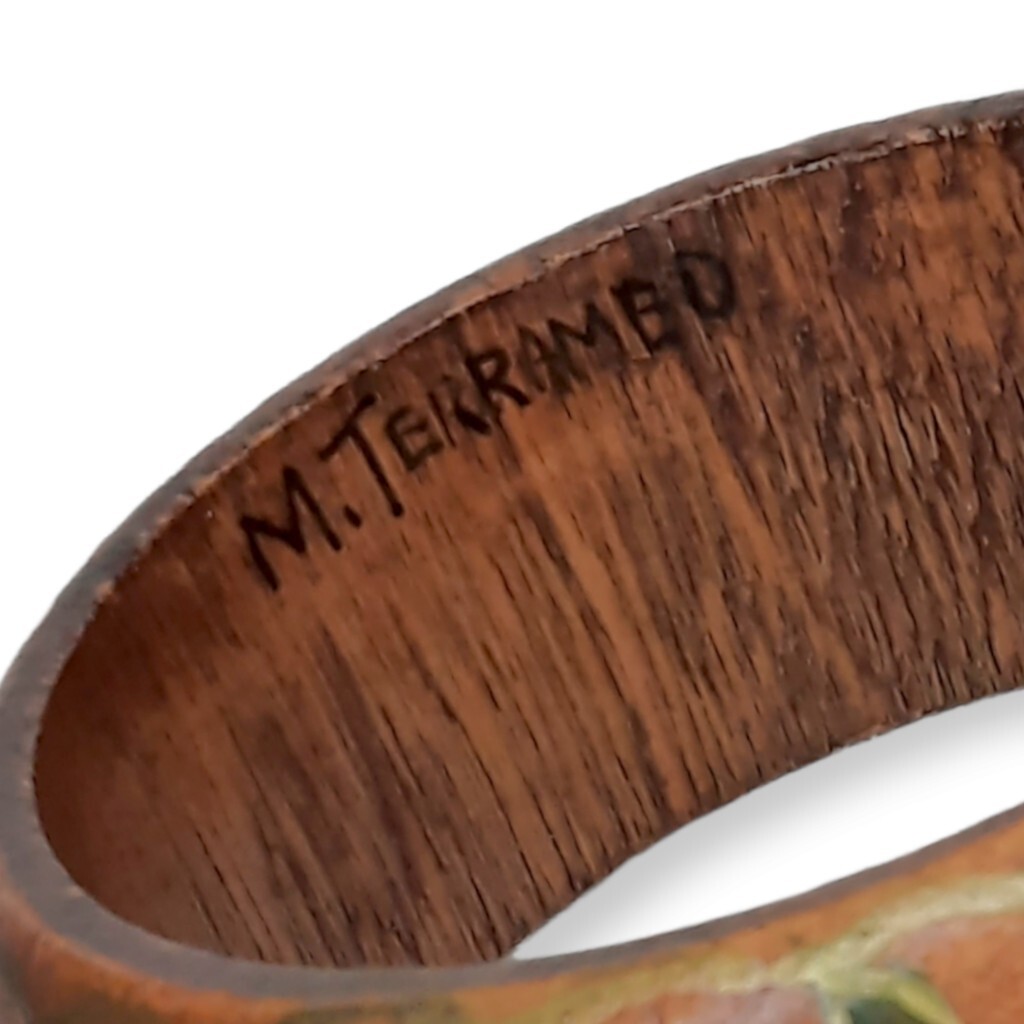 Artist Signed Wooden Bangle Bracelet M.Terramed Bohemian Hand Painted Flower Art
