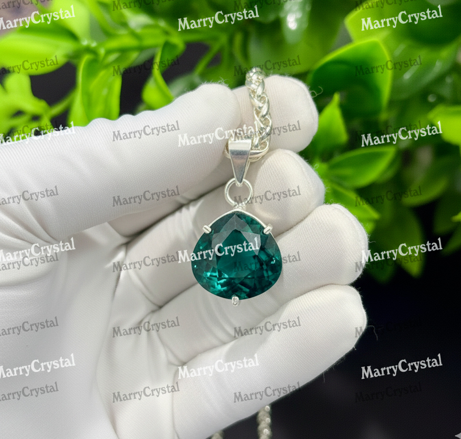 34+ Ct Green Amethyst Color Quartz Stone 18″ Chain German Silver Gemstone