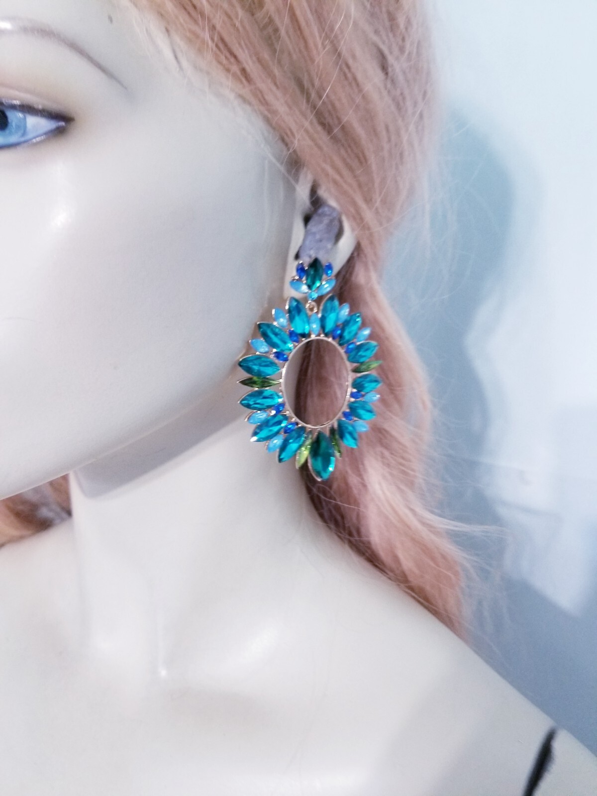 Aqua Crystal Bridesmaid Rhinestone Chandelier Drop Earrings 3.2 inch Jewelry