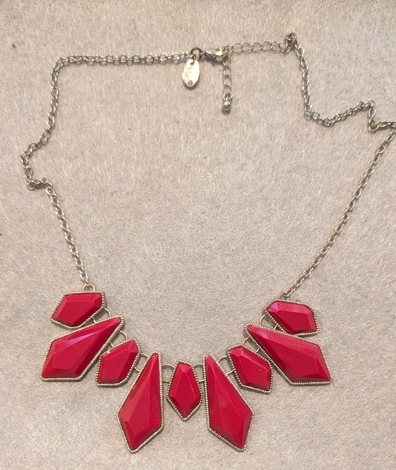 Gold Tone Red Enamel Geometric Bib Statement Necklace Adjustable Lobster Clasp