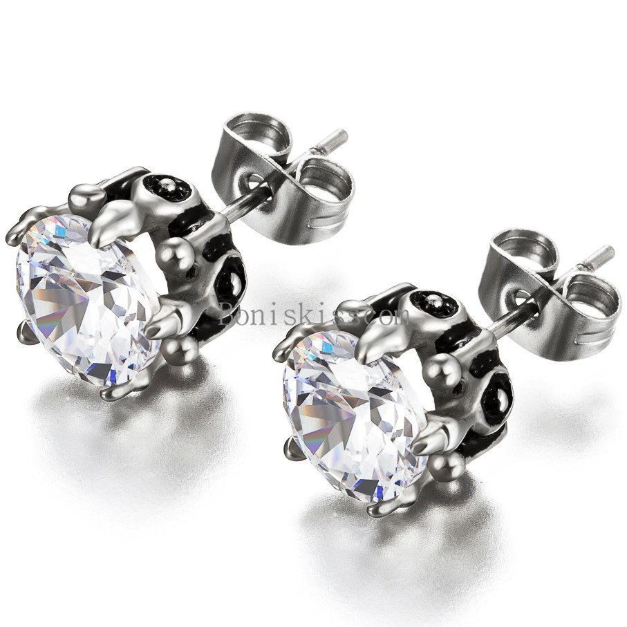 2Pcs Stainless Steel Claw Round Cut Cubic Zirconia Stud Earrings Men’s Women’s