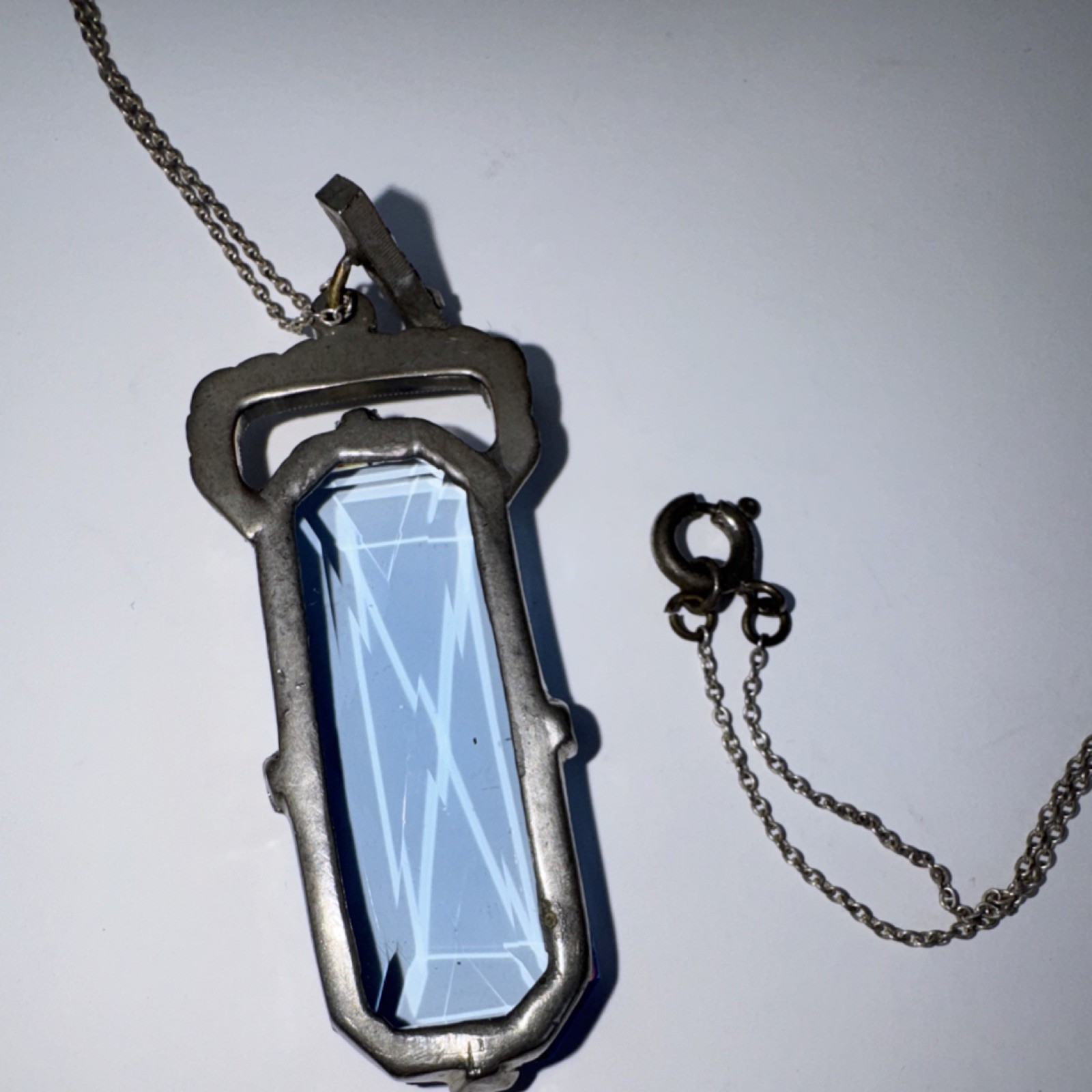 Vintage Blue Spinel Glass Emerald Cut Rectangle Pendant 16″ Silver Chain
