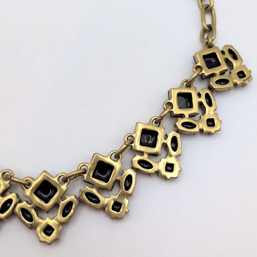 J. Crew Black Crystal Rhinestone Gold Tone Statement Necklace 17in-19.75in