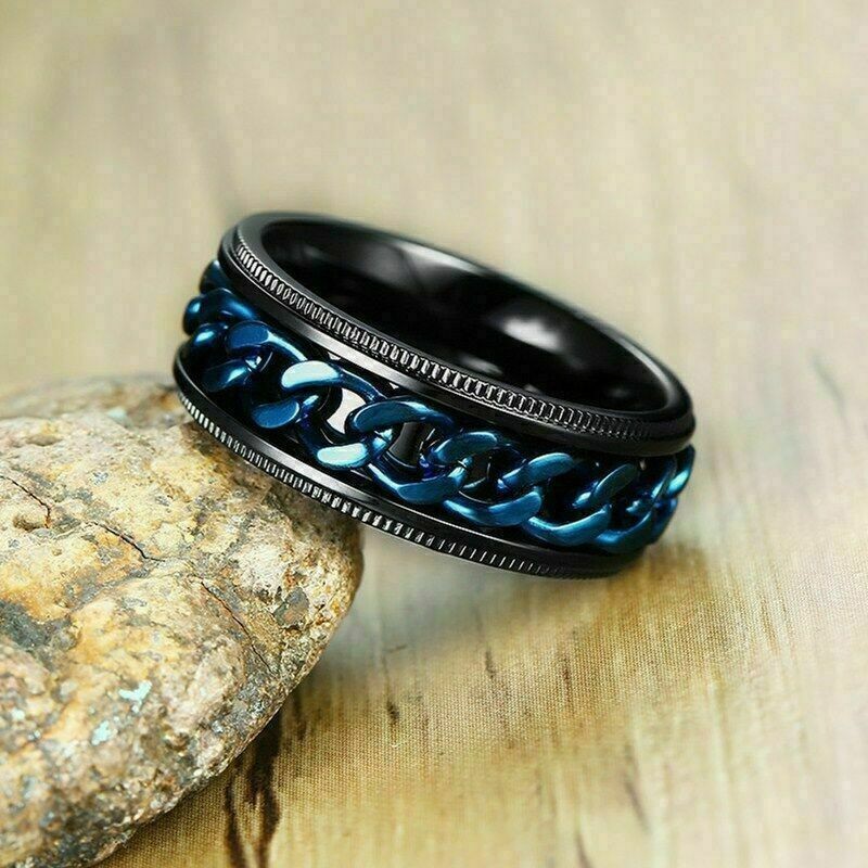 Blue Stainless Chain Size 45120 Black Band Steel Spinner Wedding Men’s Ring 8mm