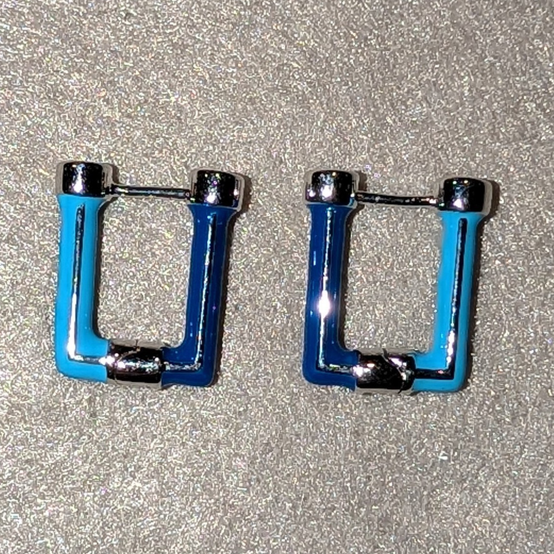 Blue Enamel Rectangle Huggie Hoop Earrings No Stone Hinged Lobe Pair