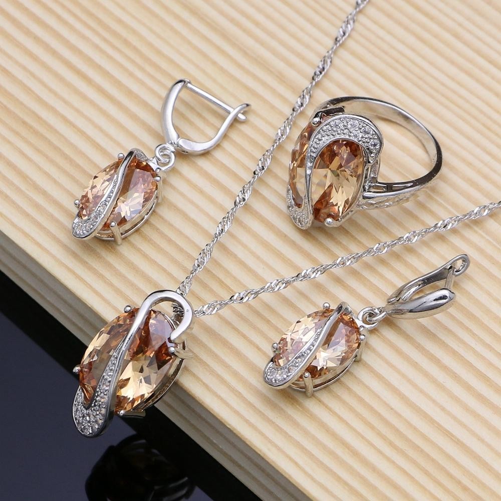 925 Silver Champagne Zircon Bridal Jewelry Set Necklace Earrings Ring Bracelet