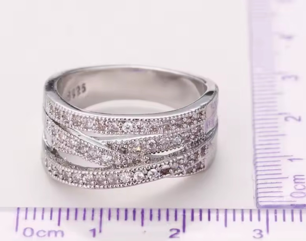 S925 Sterling Silver Pavé Round White CZ Multi-Row Crossover Band Ring Sz 8