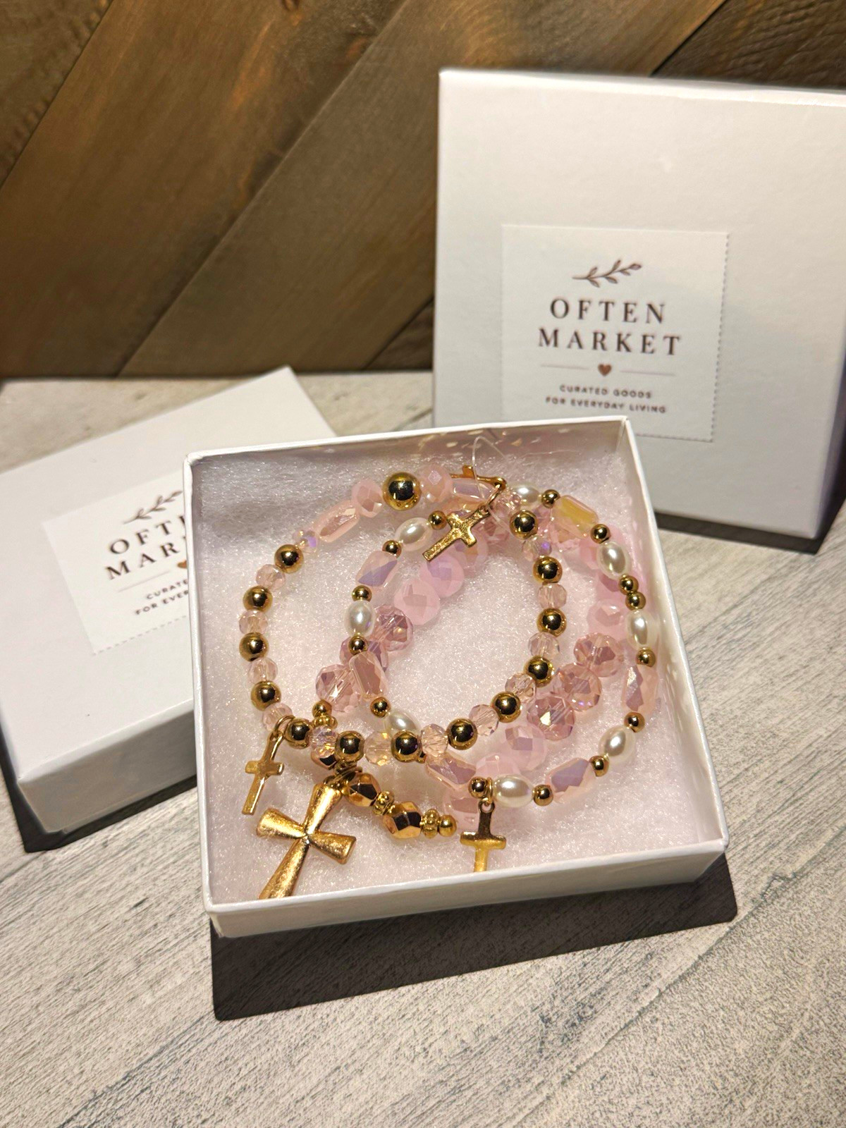BRAND NEW Pink and Gold Beaded Bracelet Trio w/ Cross Charms and Faux Pearl