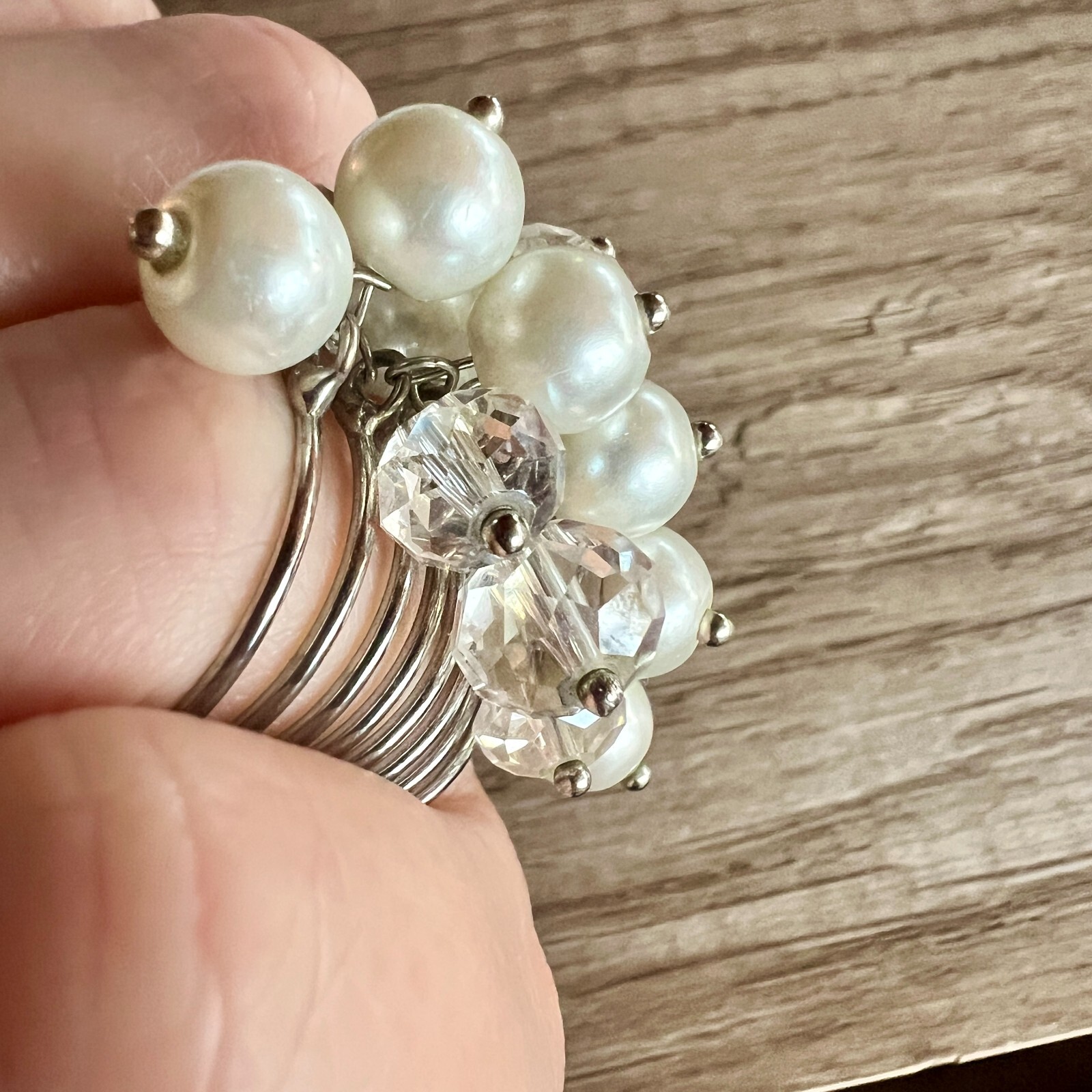 Vintage Faux Pearl & Crystal Cluster Statement Ring Adjustable Multi-Band Unique