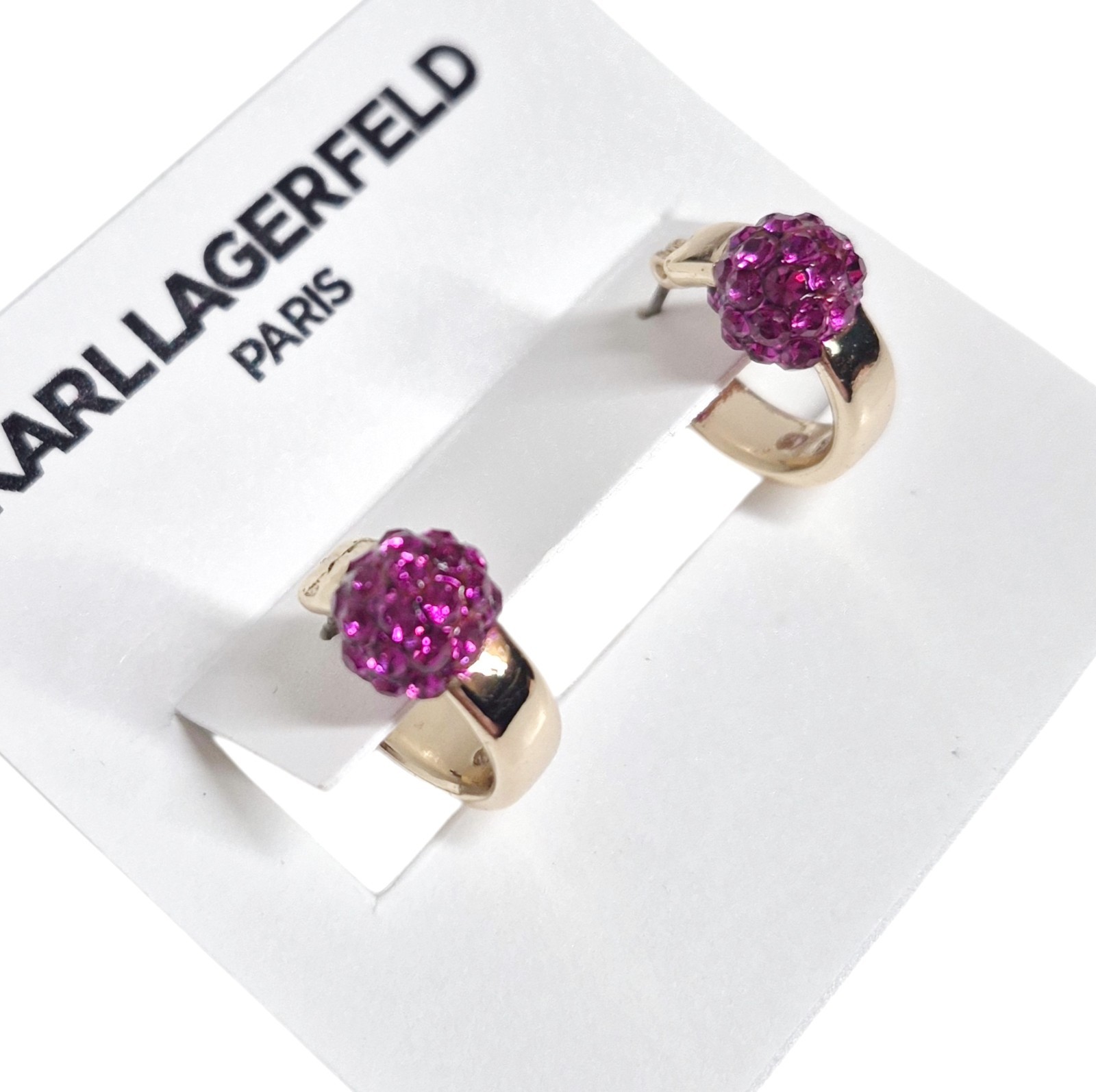 Karl Lagerfeld Small Pave Fireball Huggie Hoop Earrings Pink Gold Plated New