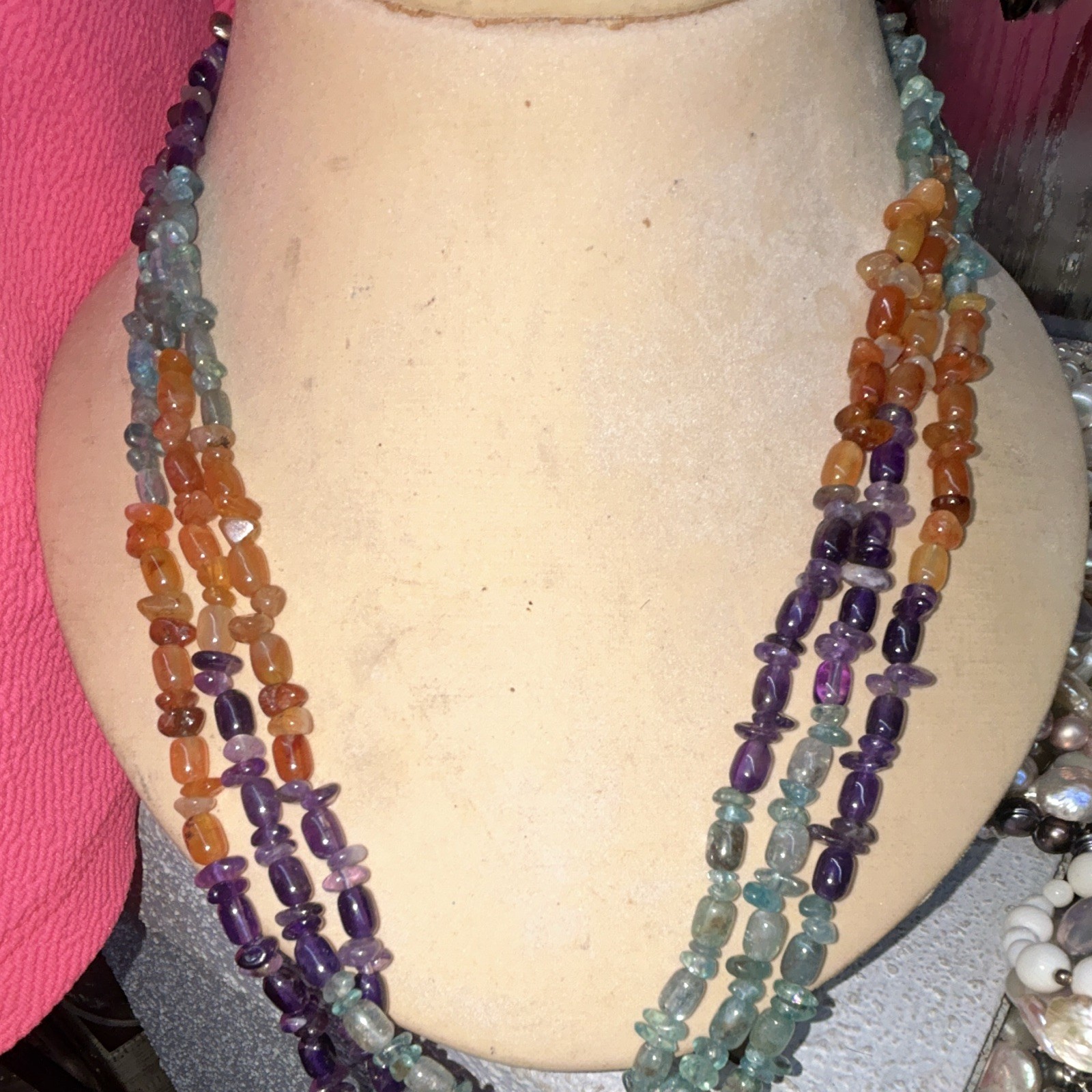 Layered Multicolor Gemstone Beaded Necklace Amethyst, amber, turquoise