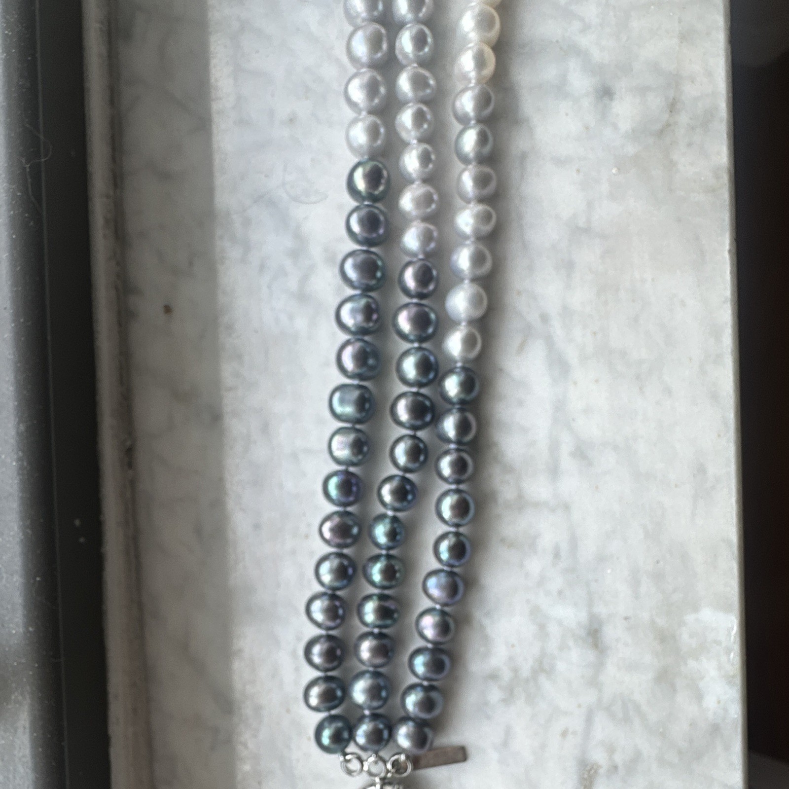 Vantel Pearls 3 Strand Black & White Round Pearl Necklace, Silver, Spring Ring