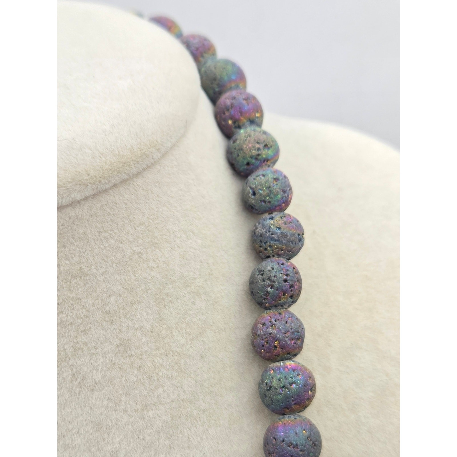 Raw Rainbow Aura Titanium Quartz & Lava Rock Statement Bib Necklace – 16″
