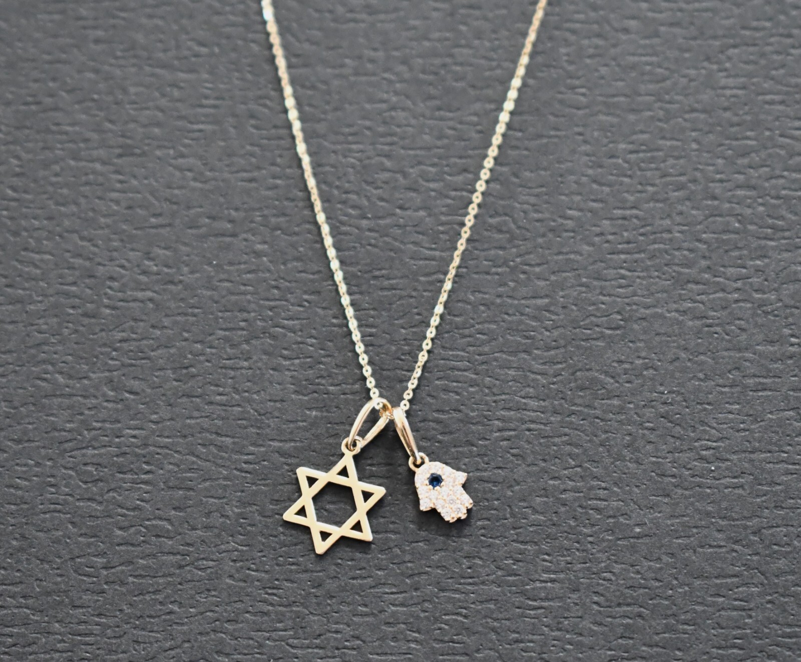 New 14K YELLOW GOLD STAR OF DAVID & HAMSA with CZ Stones Pendant Necklace