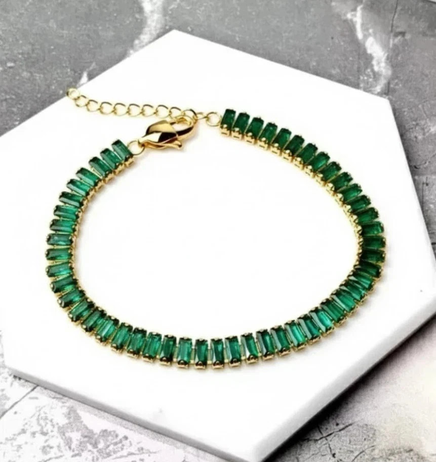 10 Ct Emerald Cut Simulated Emerald Women Tennis Bracelet 14K Yellow Gold Plated