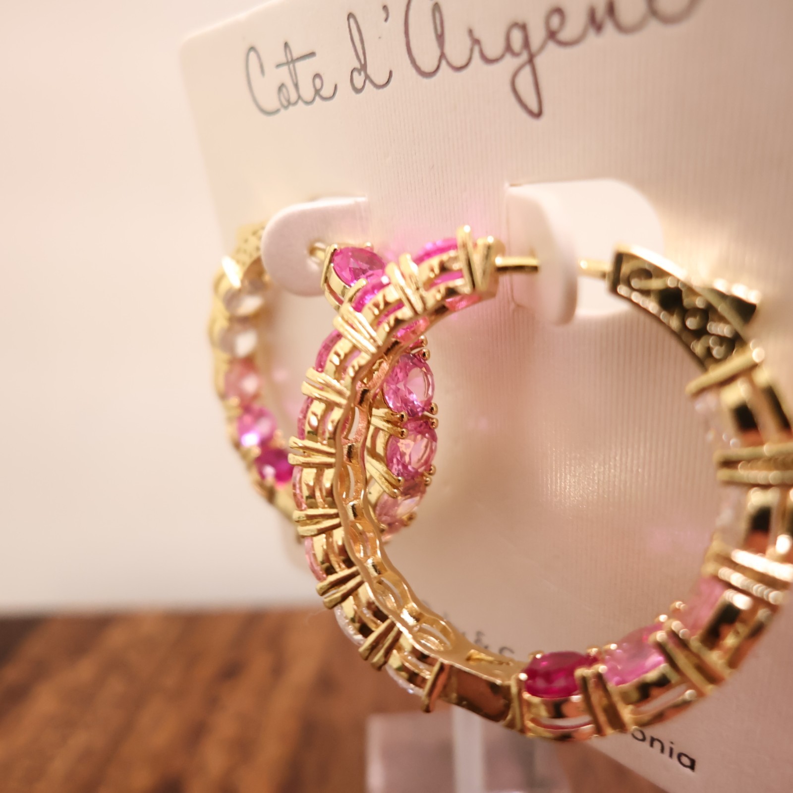Cote d’Argent earrings pink crystal hoops inside-out lab-created rubies CZ 925