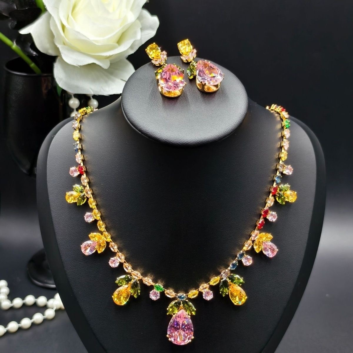 Multicolor Crystal Statement Necklace&Earrings Set Gold-Tone Floral Teardrop New