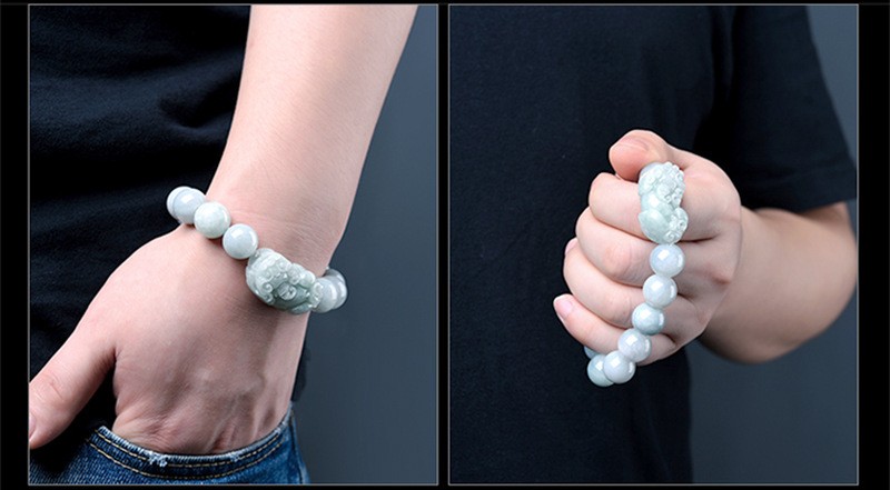 Certified Natural Grade A Jade Jadeite Bead Rich Pixiu Strecth Bracelet 13mm
