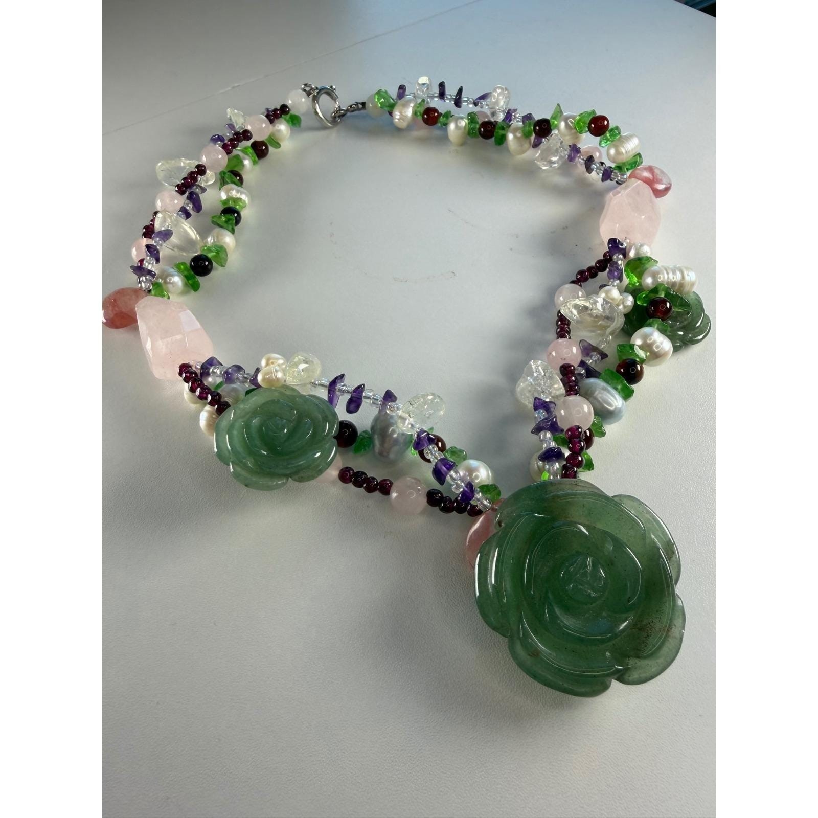 Green Aventurine Carved Rose Gemstone Pearl Multi-Strand Statement Necklace Boho