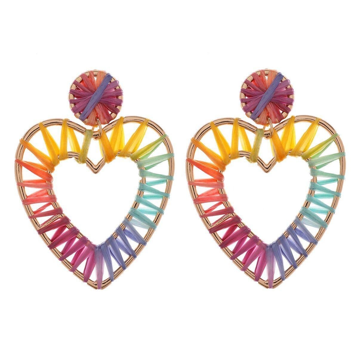 NEW AMRITA SINGH Heart Drop BOHO Raffia Earring Rainbow Color Romantic One Size